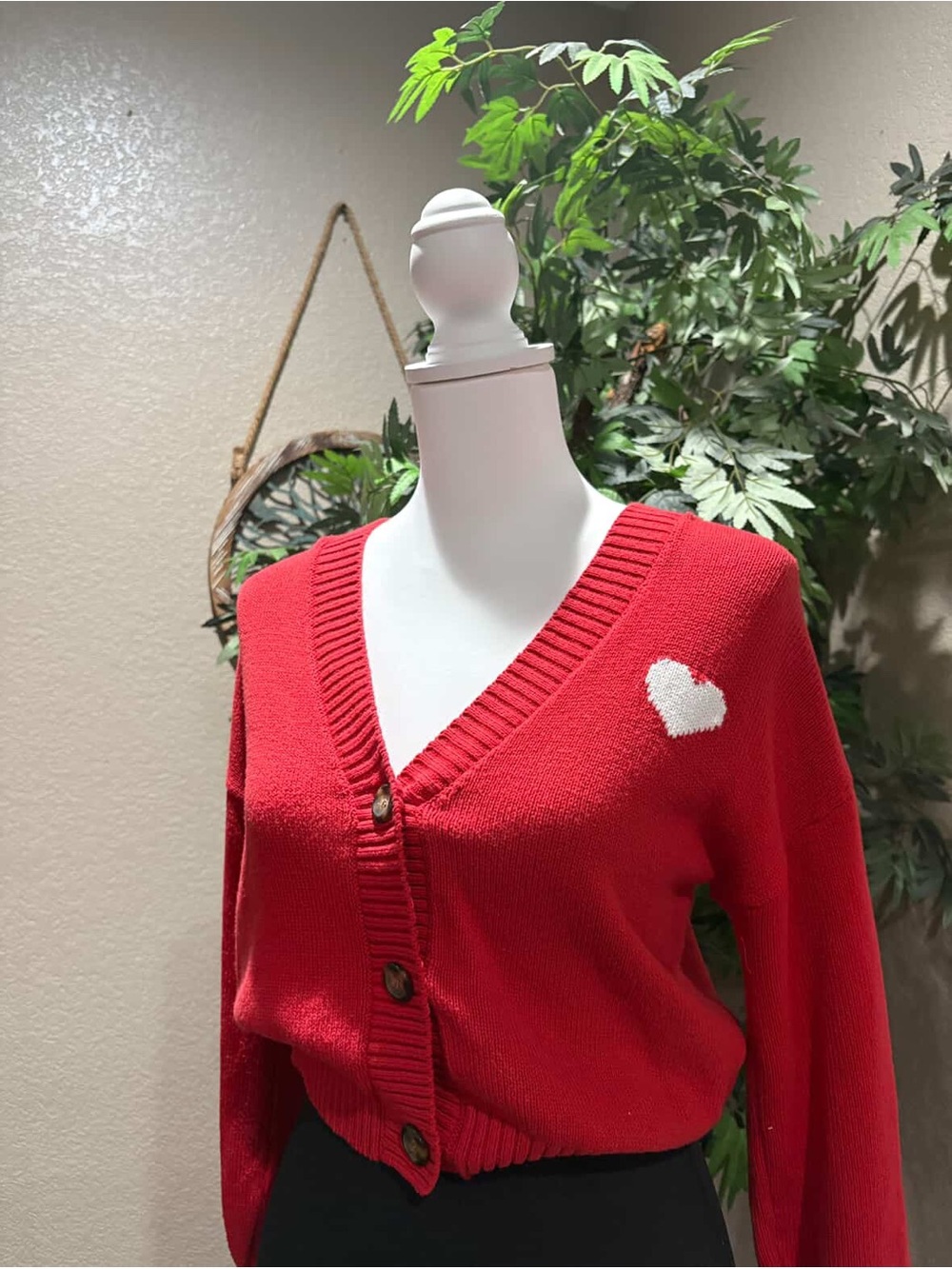 Old Navy Red V-Neck Cardigan with White Heart Patch